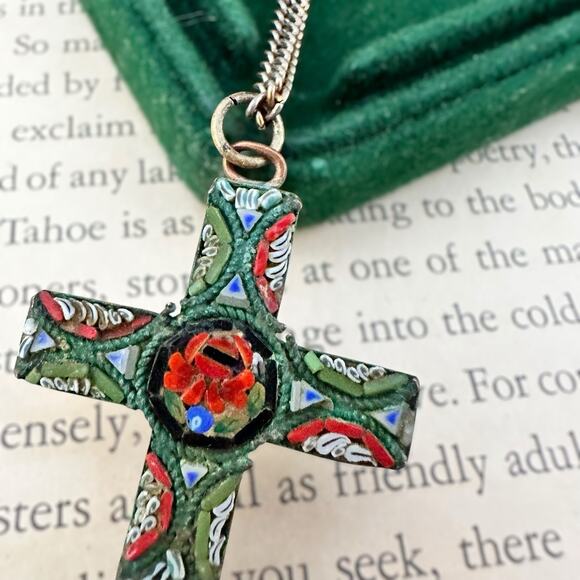 Vintage Italian Micro Mosaic Cross Pendant Necklace Italy Rose Floral 24” - Picture 4 of 7